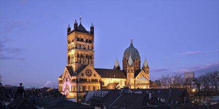 Elevated view over the roofs of St Quirinus Minster in the evening, Neuss, Lower Rhine, North