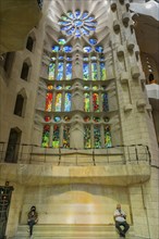 Interior view of the Familia Sagrada by the architect Antonio Gaudi in Barcelona, Spain, Europe