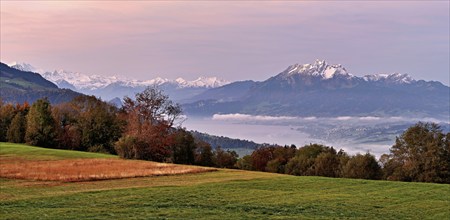 View from Zugerberg to Lake Lucerne, snow-covered Pilatus in the background, Canton Zug,