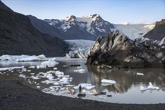 Hiker standing on a rock in the lake, reflection in the Svínafellslon glacier lagoon with ice