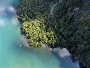 Bay on the south shore of Lake Klöntal, Klöntal, Canton Glarus, Switzerland, Europe