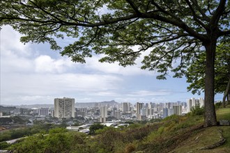 View of Honolulu from the National Memorial Cemetery of the Pacific, Honolulu, Oahu, Hawaii, USA,