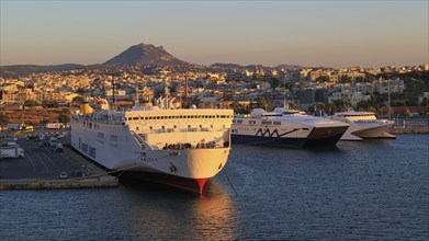 Evening light, ships, ferries, Kriti I, mountain, blue sky, harbour, Heraklion, capital, island of