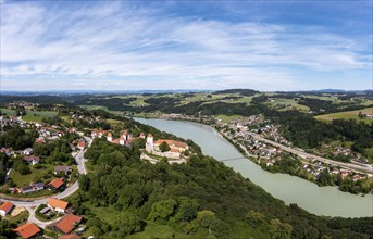 Drone shot, Neuburg am Inn Castle with view to Wenstein am inn, Neuburg am Inn, Lower Bavaria,