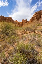 Eroded mountain landscape with sandstone cliffs, canyon with red and orange rock formations,