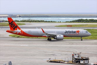 An Airbus A321neo aircraft of Jetstar Japan with the registration JA27LR at Okinawa Airport (OKA)