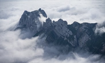 View of mountain peaks above the sea of clouds, Alpstein, high fog, Appenzell Ausserrhoden,