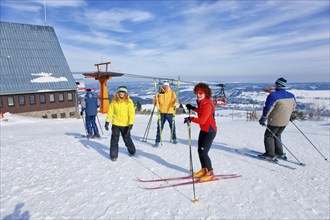 Winter sports enthusiasts in Oberwiesenthal. The health resort of Oberwiesenthal is the highest