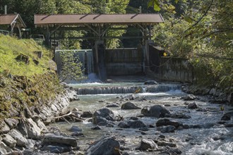 Mountain river Partnach, weir, Wetterstein mountains, Garmisch-Partenkirchen, Bavaria, Upper