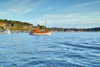 Boats in Rovinj harbour, sea, blue sky, Istria, Croatia, Europe