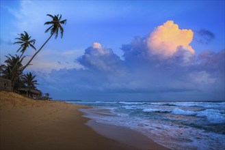 Romantic view of sunset on tropical beach. Hikkaduwa, Sri Lanka, Asia