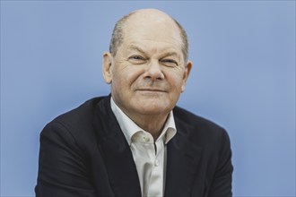 Olaf Scholz (SPD), Federal Chancellor, recorded at a federal press conference on current domestic