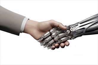 Handshake between a human hand and a robot metallic hand. The image symbolizes partnership, trust,