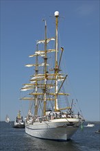 Sailing ship Gorch Fock docks, Unterwarnow, Hanse Sail, Warnemünde, Rostock, Mecklenburg-Western