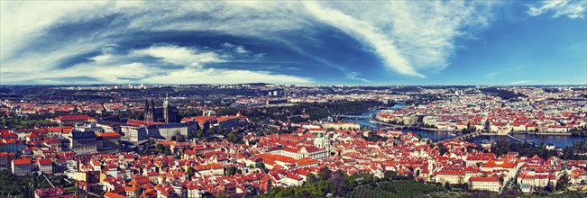 Vintage retro hipster style travel image of aerial panorama of Hradchany: the Saint Vitus (St.