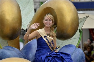 The Plums Queen Alina I. takes part in the parade of the Zwetschgenfest, plums festival, Bühl,