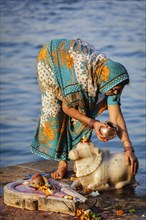 MAHESHWAR, INDIA, APRIL 26: Indian woman performs morning pooja on sacred river Narmada ghats on