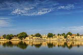 Indian tourist landmark Gadi Sagar, artificial lake. Jaisalmer, Rajasthan, India, Asia