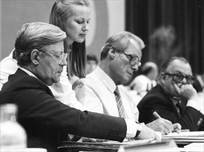 SPD election party conference in Essen on 09.06.1980. Helmut Schmidt, Willy Brandt f.l, Germany,