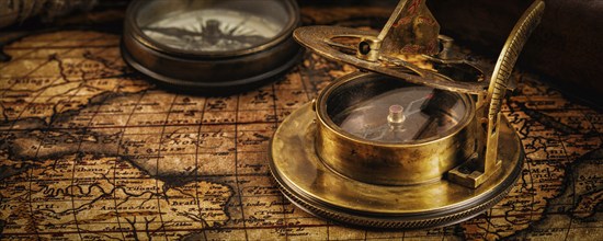 Travel geography navigation concept background, letterbox panorama of old vintage retro compass