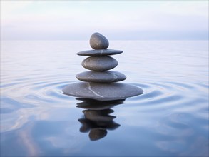 3d rendering of Zen stones in water with reflection, peace balance meditation relaxation concept