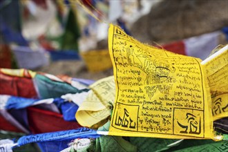 Tibetan Buddhism prayer flags (lungta) with Om Mani Padme Hum Buddhist mantra prayer. Leh, Ladakh,