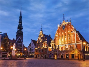 Riga Town Hall Square, House of the Blackheads, St. Roland Statue and St. Peter's Church