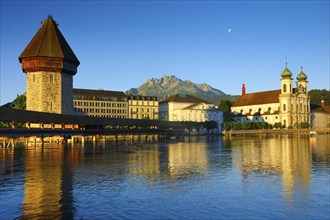 Chapel Bridge with Pilatus, City of Lucerne, Switzerland, Europe