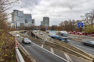 Motorway A40, Ruhrschnellweg, skyline of the city centre of Essen, exit Essen-Zentrum, this area