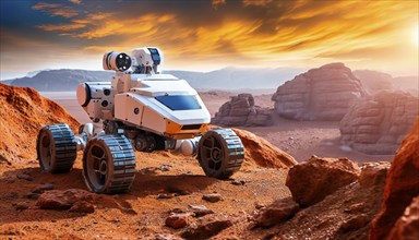 Science fiction, space travel, a robotic vehicle Mars rover exploring the planet Mars, AI generated