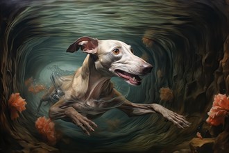 Italian Greyhound diving in a river, AI Generated