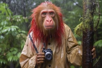 Red Uakari monkey wearing a raincoat and holding a camera in the rainforest, AI Generated