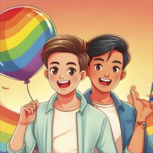 LGBT concept gay couple holds pride rainbow flag and balloons. AI generated