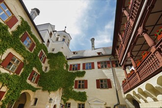 Brenz Castle, Renaissance castle from the 17th century, tower, clock, inner courtyard, wooden