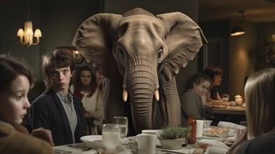 Group of family and friends at the dinner table ignoring the elephant in the room. generative AI