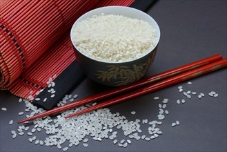 Rice, white rice in bowl with chopsticks