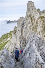 Hikers on the Lisen ridge, hiking trail to Säntis, Appenzell Ausserrhoden, Appenzell Alps,