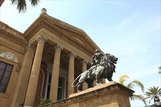 Old town of Palermo, lion sculptures in front of the Teatro Massimo, the historicist opera house on