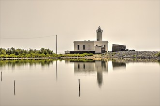 Faro di Punta Lingua, lighthouse, white sky, water reflection, Oasi naturale, Ex-Salina di Lingua,