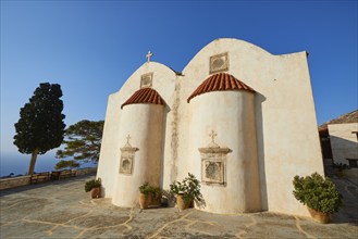 Super wide angle, Two-nave chapel, Red tiled roofs, Cloudless blue sky, Tree, Preveli, Orthodox