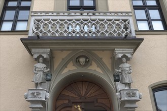 Balcony and entrance in the style of historicism, built in 1904, Hotel zur Post, Schrobenhausen,