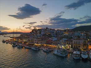 Aerial view, blue hour, Poros, Poros Island, Saronic Islands, Peloponnese, Greece, Europe