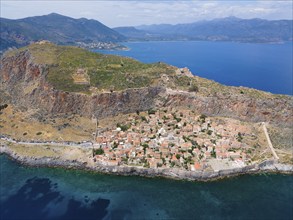 Drone shot, Monemvasia rocks, Monemvassia, Monemwassia, Monembasia, Laconia, Peloponnese, Greece,