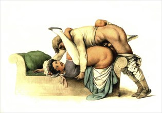 Couple having sex, Erotic illustration by Peter Johann Nepomuk Geiger, c. 1850, Austria, Historic,