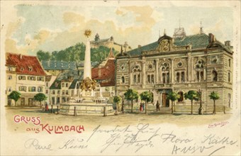 Old picture postcard from Kulmbach with the market place and the Plassenburg, around 1910, Upper