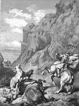 Cougar attacks two Arab horsemen, 1868, Arabia, Historic, digitally restored reproduction of an