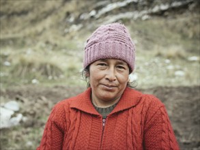 Peasant woman in a field, Andean highlands, La Oroya, Peru, South America