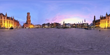 360 spherical panorama of Brugge Grote Markt square with famous tourist attraction Belfry and