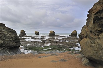 Sea stacks at the Plage des Cinq Pineaux at Saint-Hilaire-de-Riez, La Vendée, Pays de la Loire,