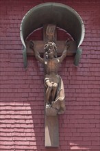 Wooden Jesus cross on a shingle wall, Nesselwang (Ostallgäu), Bavaria, Germany, Europe